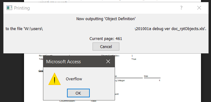 201001a db debug ver Error Overflow Object documenter.png