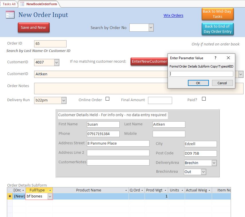 Order input form with Enter parameter value box - appears on selection from dropdown.JPG